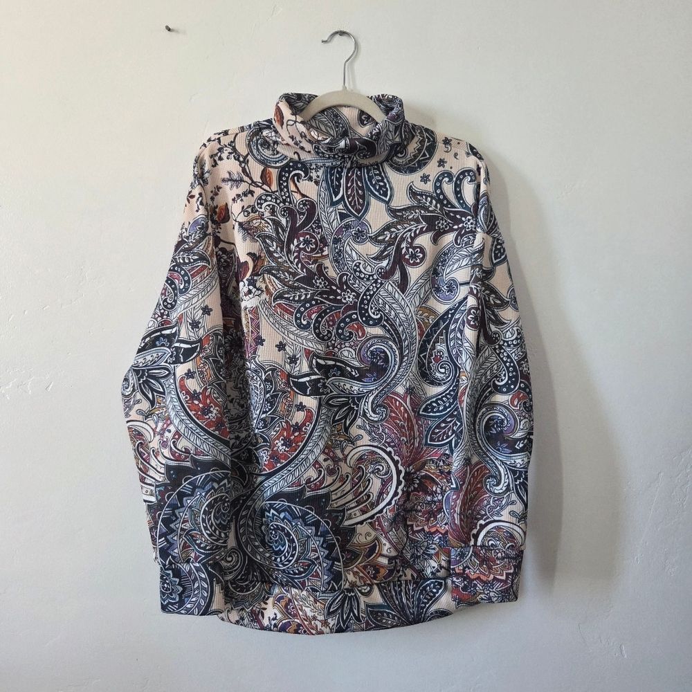 Paisley Thick Knit Roll Neck Sweatshirt Top Turtleneck Oversized Retro Grandma L